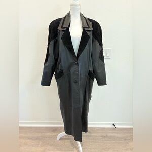 Vtg Adolfo Black Leather Suede Western Long Trench Coat Women’s 80s Size Large